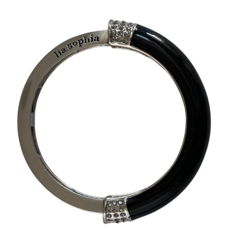 LIA SOPHIA Modern Black Silver Metal Rhinestone Stretch Bangle Bracelet